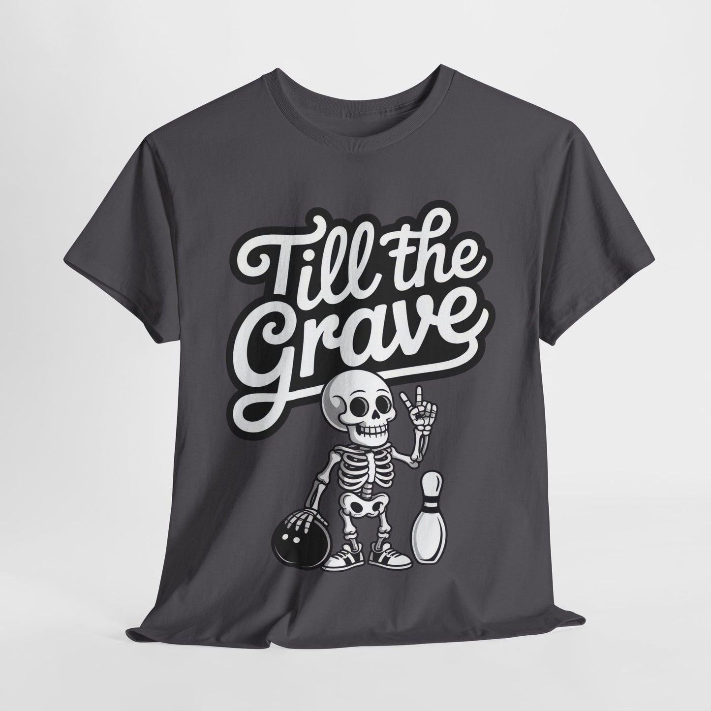 Skeleton Bowling Graphic Tee, Mens Heavy Cotton Tee, Funny Halloween Shirt, Gift for Bowlers, Retro Style Apparel, Casual Wear