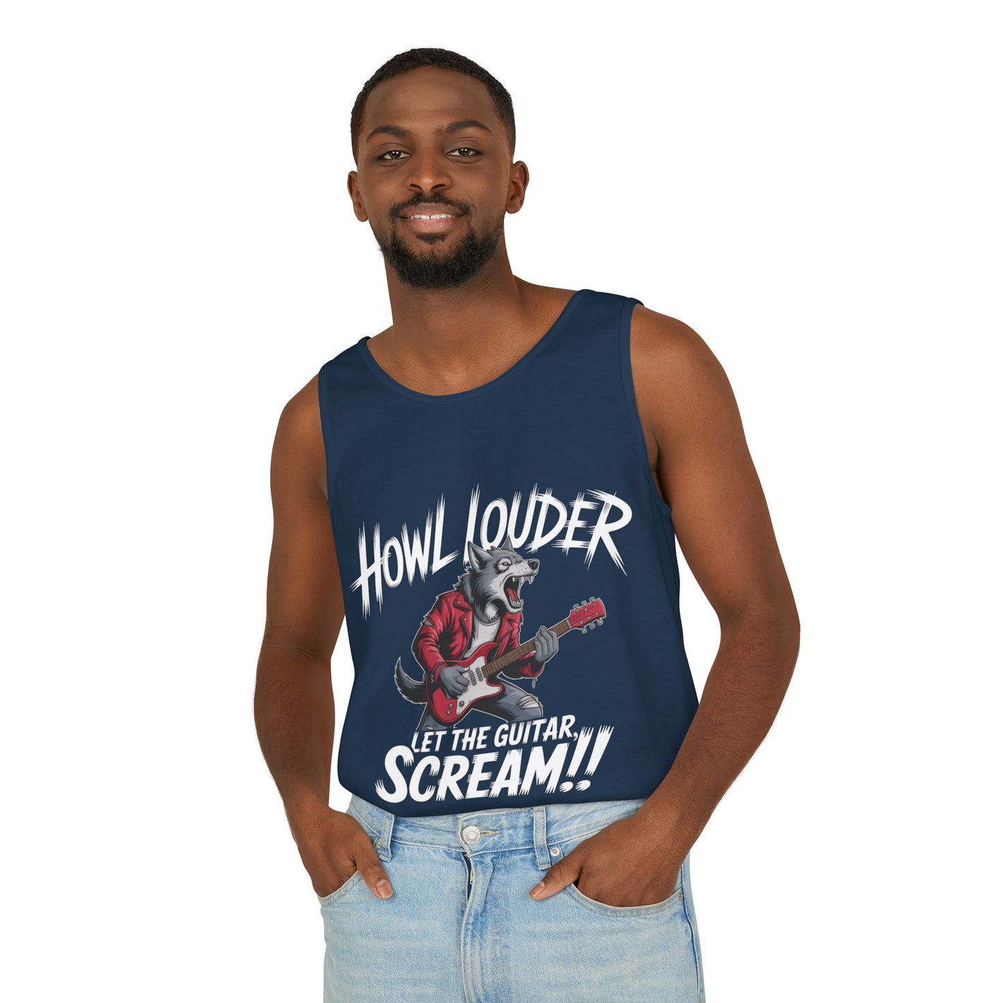 Howl Louder Wolf Tank Top, Mens Muscle Shirt, Rock Guitarist Graphic Sleeveless Tee, Wolf Workout Gym Tank, Music Lover Gift