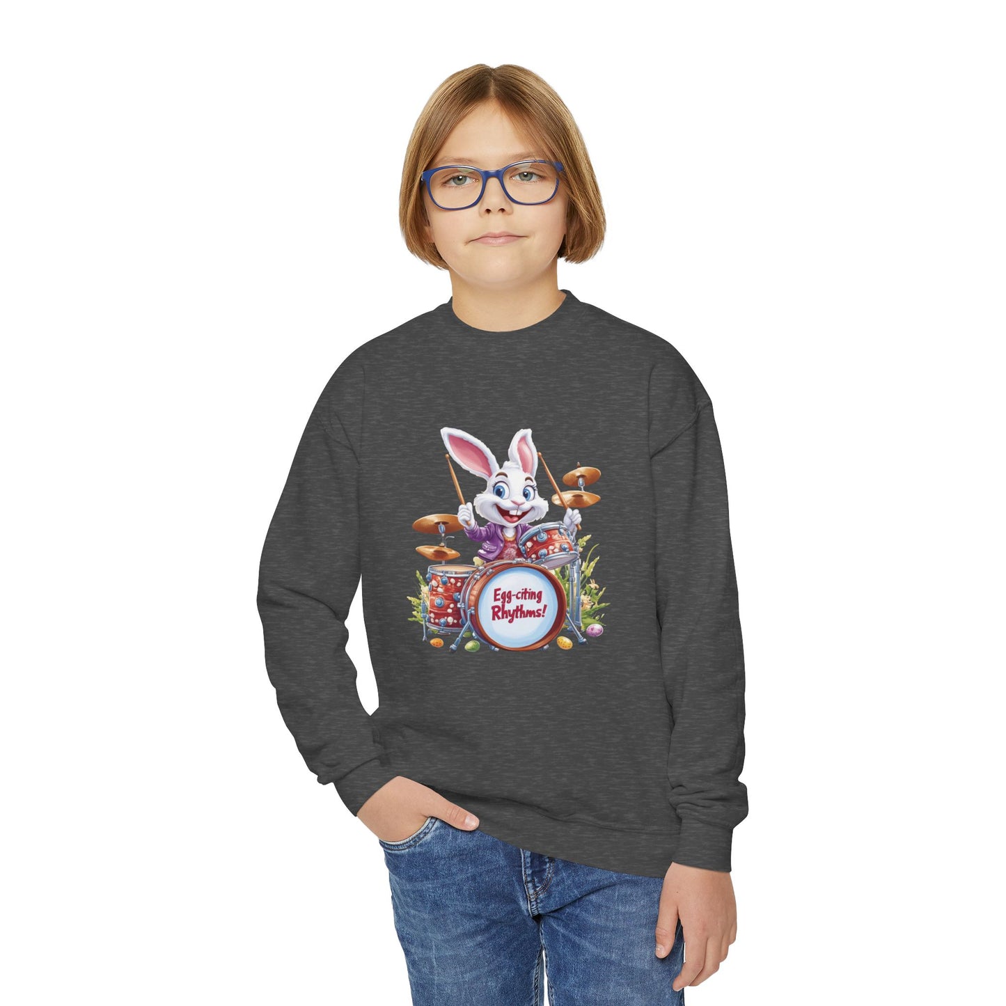 Easter Bunny Drummer Kids Sweatshirt - Cute Spring Crewneck for Children, Fun Easter Gift Colorful Bunny Playing Drums Design