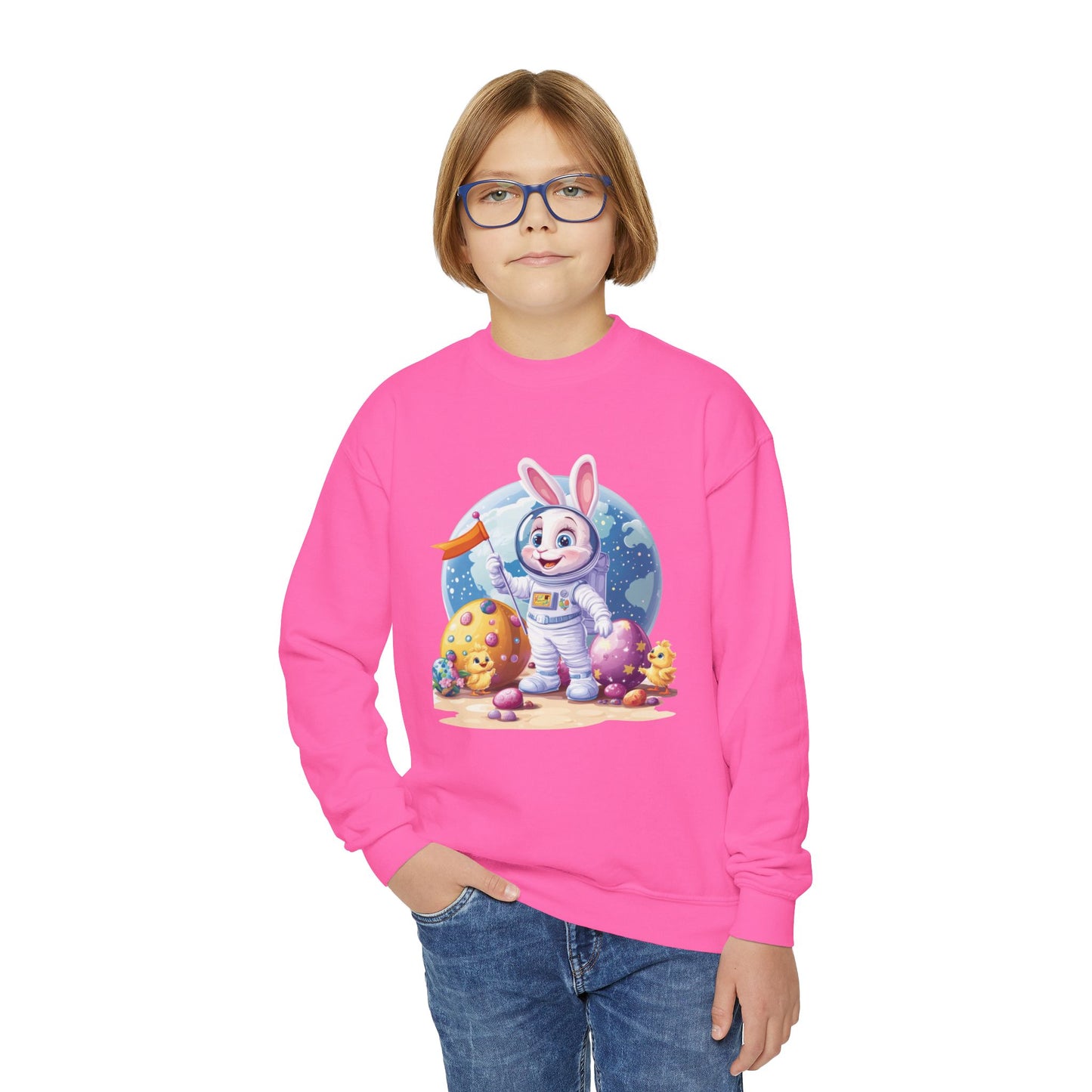 Astronaut Easter Bunny Youth Sweatshirt, Space Bunny Galaxy Crewneck for Kids, Cute Space Easter Gift for Boys & Girls, Fun Space Themed