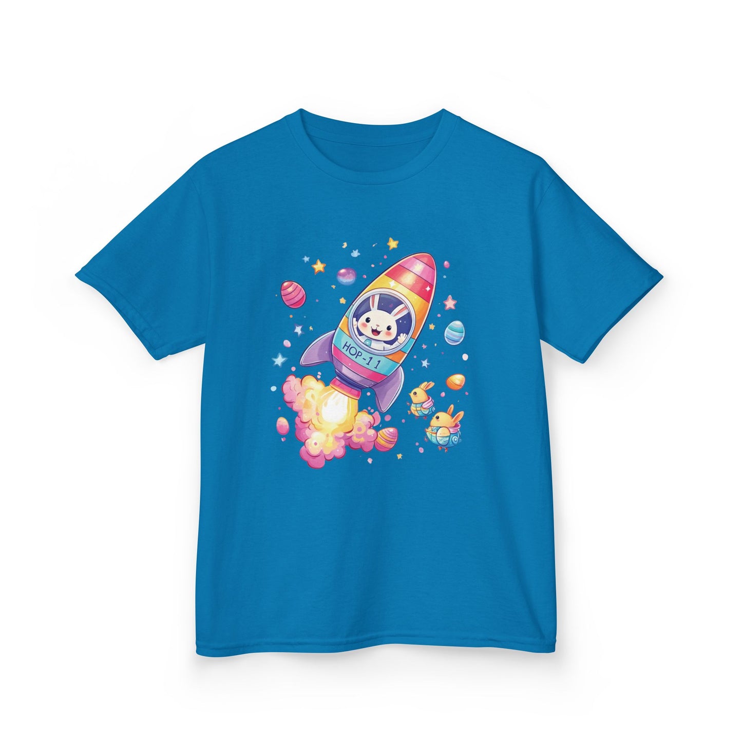 Easter Astronaut Bunny Kids T-Shirt - Cute Space Rocket Bunny with Colorful Eggs, Fun Spring Tee for Boys and Girls, Holiday Gift Idea