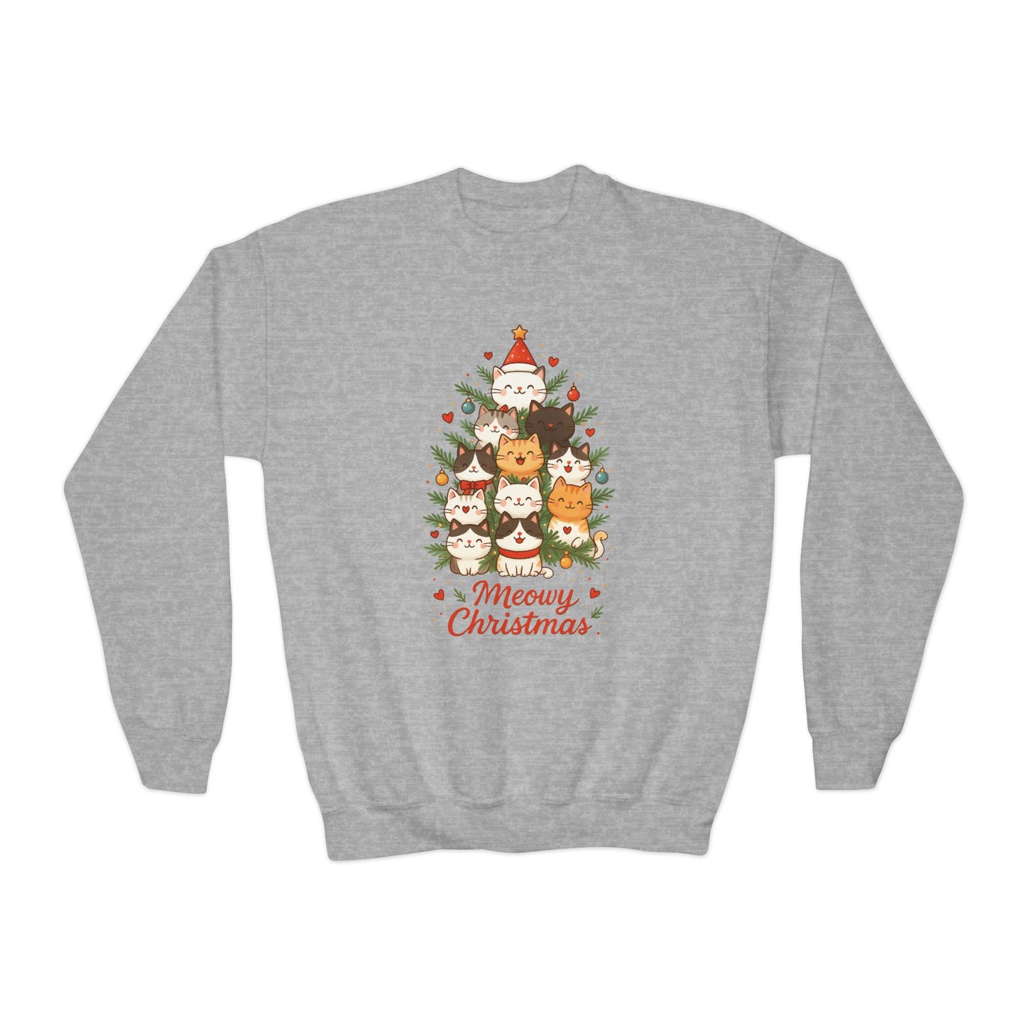 Youth Meowy Christmas Cat Sweatshirt, Cute Holiday Kitty Jumper