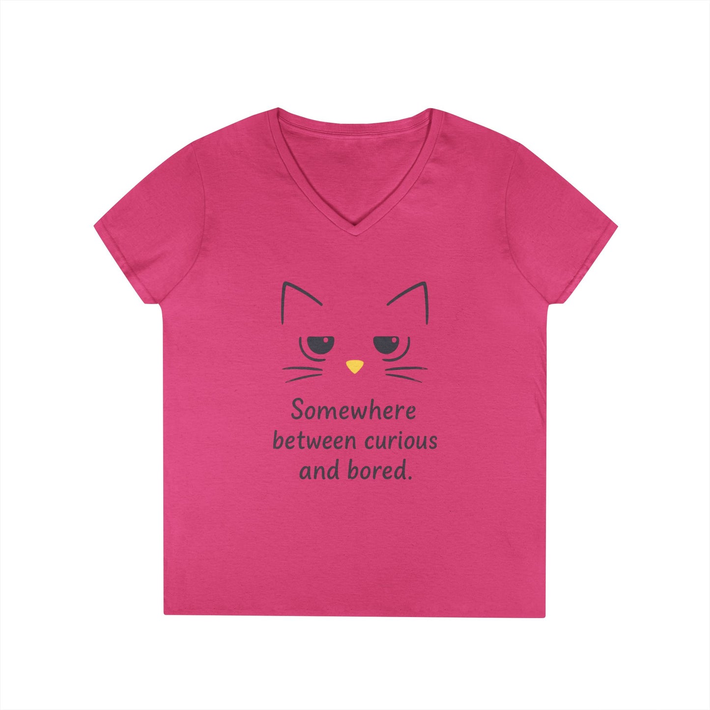 Funny Cat V-Neck T-Shirt - Somewhere Between Curious and Bored, Gift for Cat Lovers, Casual Wear, Birthday Tee, Cute Animal Shirt