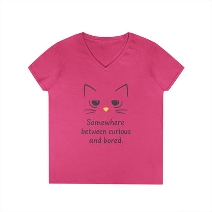 Funny Cat V-Neck T-Shirt - Somewhere Between Curious and Bored, Gift for Cat Lovers, Casual Wear, Birthday Tee, Cute Animal Shirt