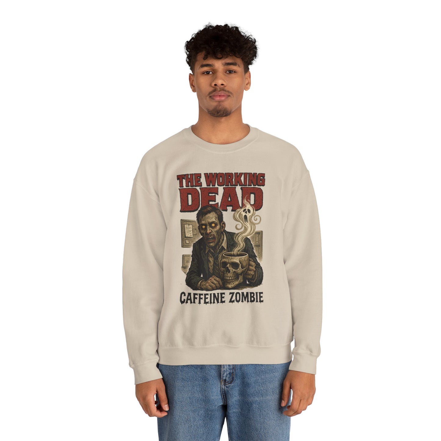 The Working Dead Men's Funny Zombie Sweatshirt, Office Humor Crewneck, Halloween Zombie Top, Coffee Zombie Sweatshirt