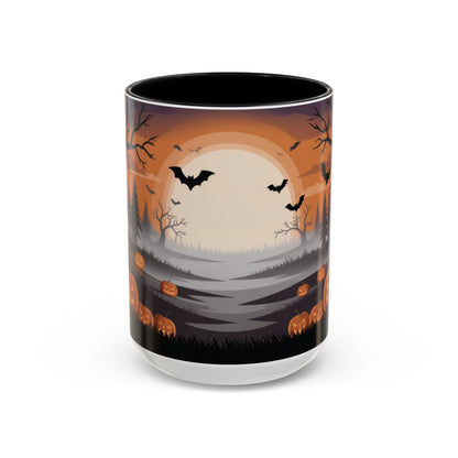 Halloween Pumpkin Forest Mug, Spooky Sunset Landscape Coffee Cup, Gothic Fall Gift for Her - Him, Accent Coffee Mug (11, 15oz)