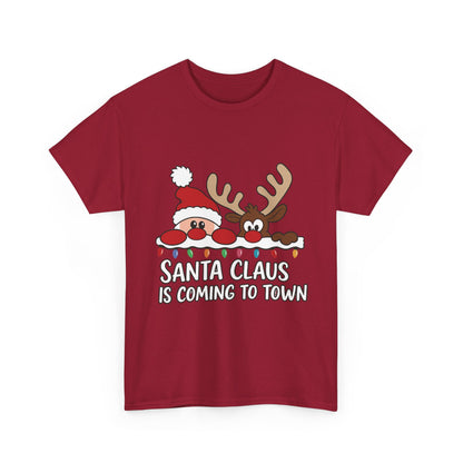 Santa Claus Is Coming to Town Women's Christmas T-Shirt, Cute Santa - Reindeer Holiday Tee