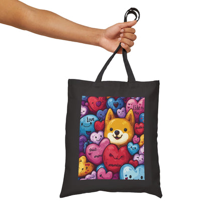 Cute Shiba Inu Heart Tote Bag, Kawaii Dog Meme Canvas Bag, Colorful Cartoon Love Shopper Gift for Dog Lovers & Valentine's Day