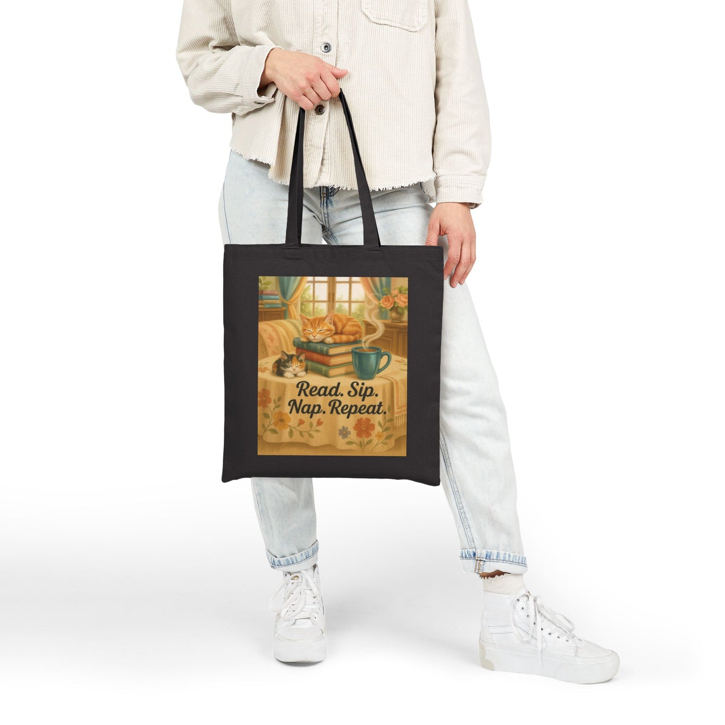 Cute Cotton Canvas Tote Bag - Read Sip Nap Repeat | Perfect for Book Lovers, Cat Lovers, Eco-Friendly Gift, Reusable Shopping Bag, Charming