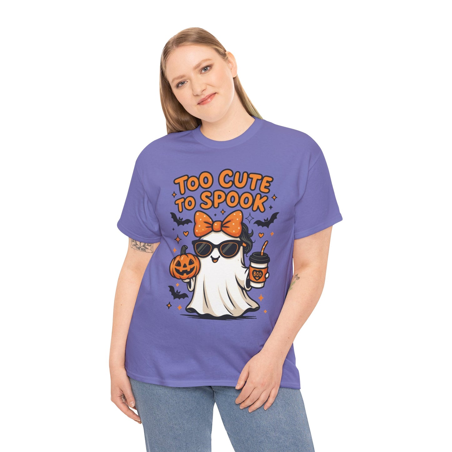 Too Cute To Spook Women's T-Shirt, Cute Ghost Pumpkin Coffee Halloween Graphic Tee
