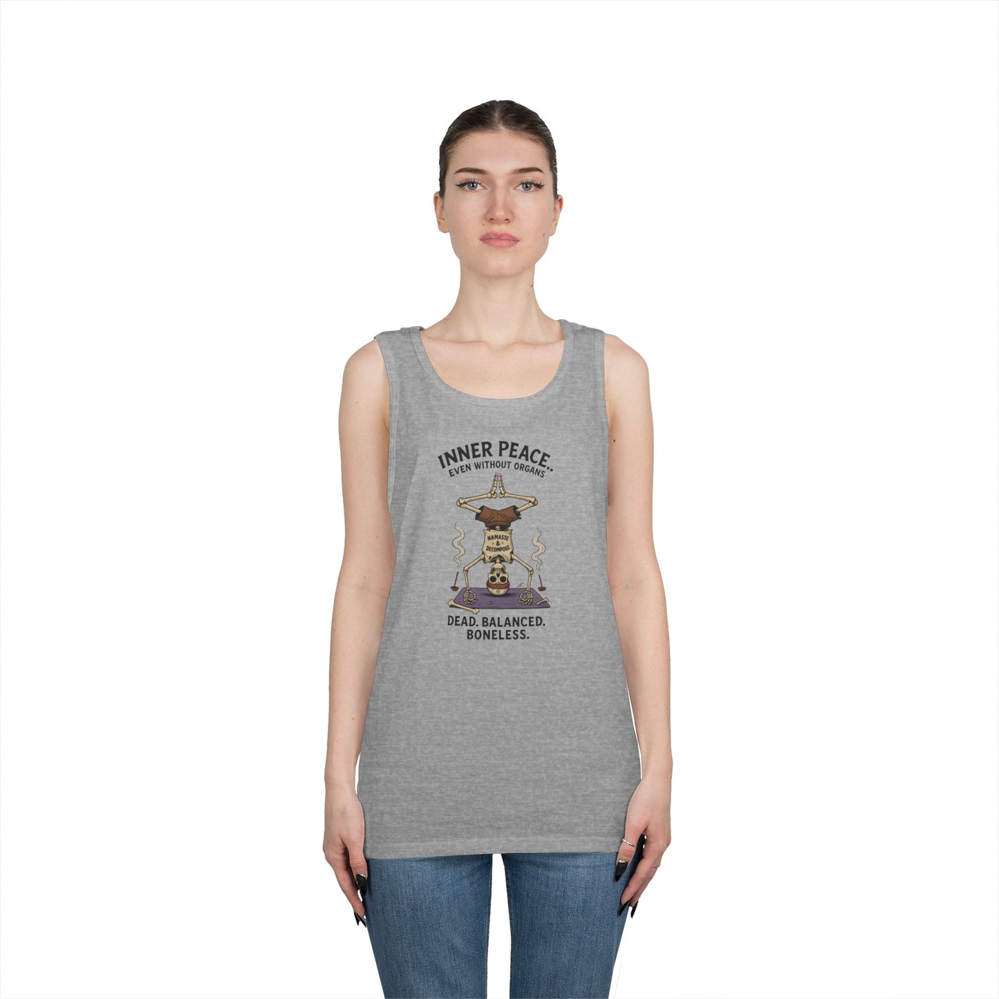Inner Peace Skeleton Yoga Unisex Tank Top, Dark Humor Meditation Tee, Gift for Mindfulness Lovers, Yoga Shirt, Peaceful Vibes
