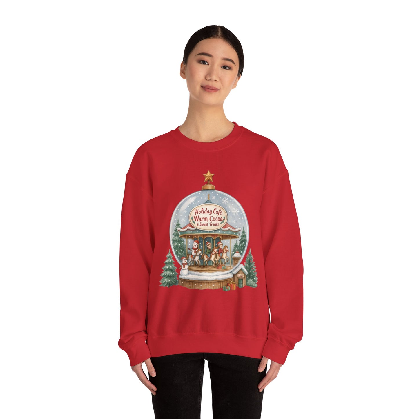 Holiday Café Christmas Sweatshirt, Warm Cocoa Snow Globe Pullover