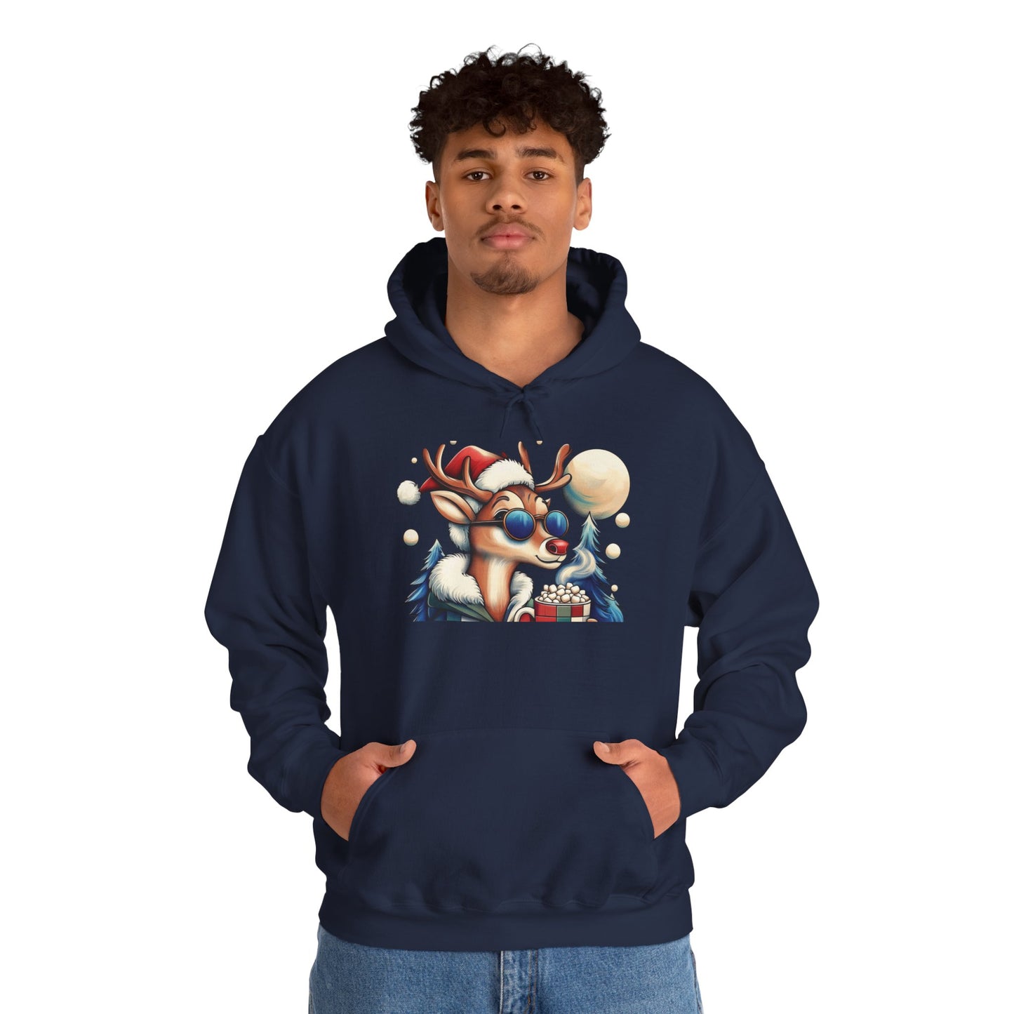 Cool Reindeer Christmas Hoodie, Funny Holiday Hot Cocoa Pullover for Men