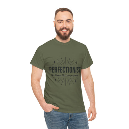 Mens Perfectionist T-Shirt, No Flaws No Compromise, Minimal Bold Graphic Tee, Gift for OCD, Clean Freak, or Detail-Oriented Men