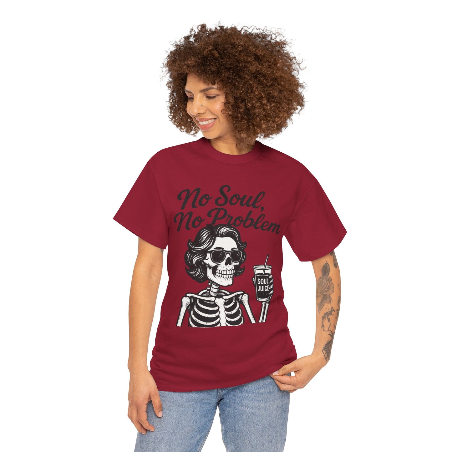 No Soul No Problem Skeleton T-Shirt for Women, Funny Gothic Skull Tee, Dark Humor Halloween Shirt, Spooky Retro Skeleton Top