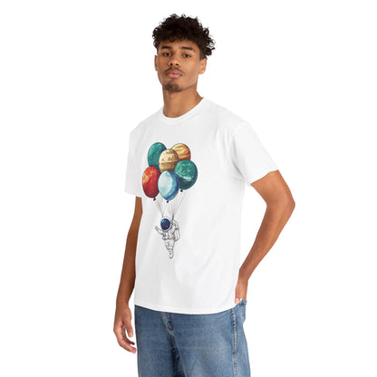 Astronaut with Planet Balloons T-Shirt, Space Lover Unisex Tee, Outer Space Graphic Shirt, Space Theme Shirt, Cosmic Adventure Top