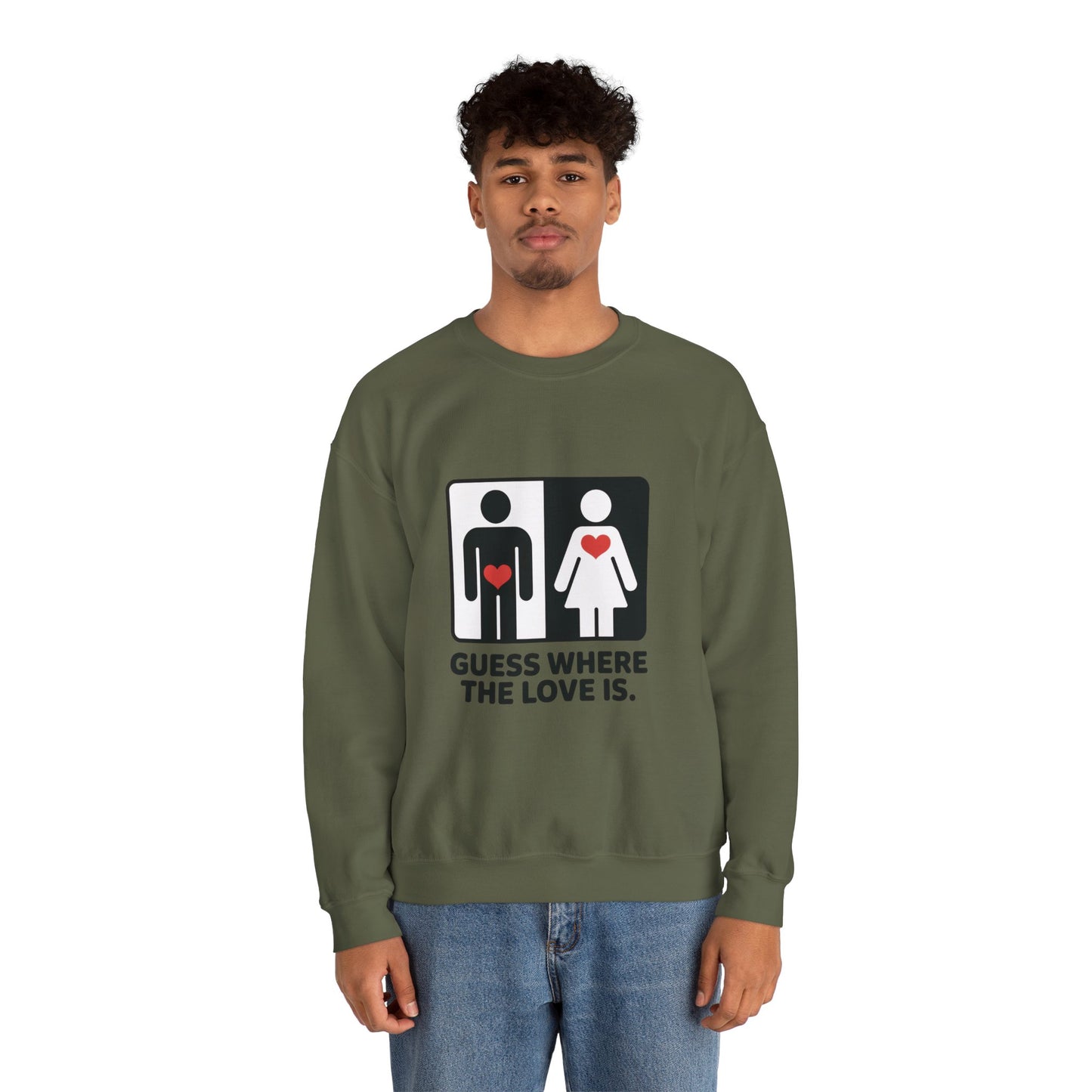 Guess Where the Love Is Mens Crewneck Sweatshirt, Cute Couples Gift, Love Themed Apparel, Valentine's Day Apparel, Relationship Sweatshirt