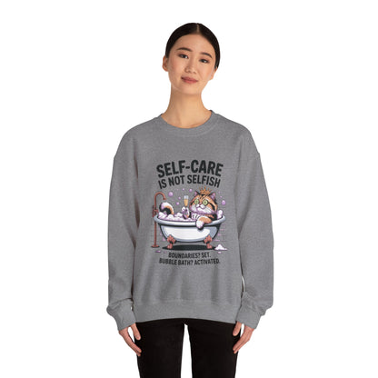 Womens Crewneck Sweatshirt, Self-Care Cat Shirt, Funny Cat Tee, Relaxing Kitty Graphic, Self Care Is Not Selfish Womens Sweatshirt