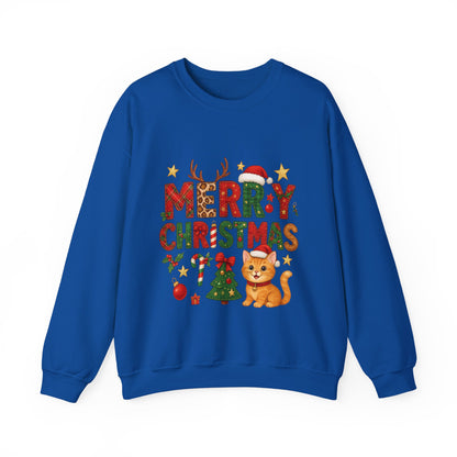 Women's Merry Christmas Cat Sweatshirt, Cozy Holiday Cat Lover Pullover, Women's Heavy Blend™ Crewneck Sweatshirt