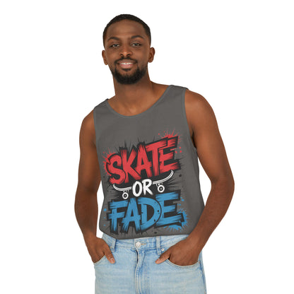 Skate Or Fade Men's Tank Top, Graffiti Skateboard Graphic Muscle Shirt, Urban Streetwear Sleeveless Top, Men's Garment-Dyed Tank Top
