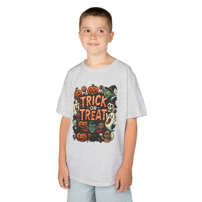 Kids Trick or Treat T-Shirt, Halloween Graphic Tee with Pumpkins, Ghosts & Vampires, Fun Spooky Shirt for Children