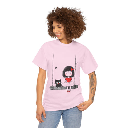 Cute Cat & Girl Graphic Tee, Playful Gift for Cat Lovers, Cat and Girl Design, Gift for Cat Owners, Women's Cotton T-Shirt