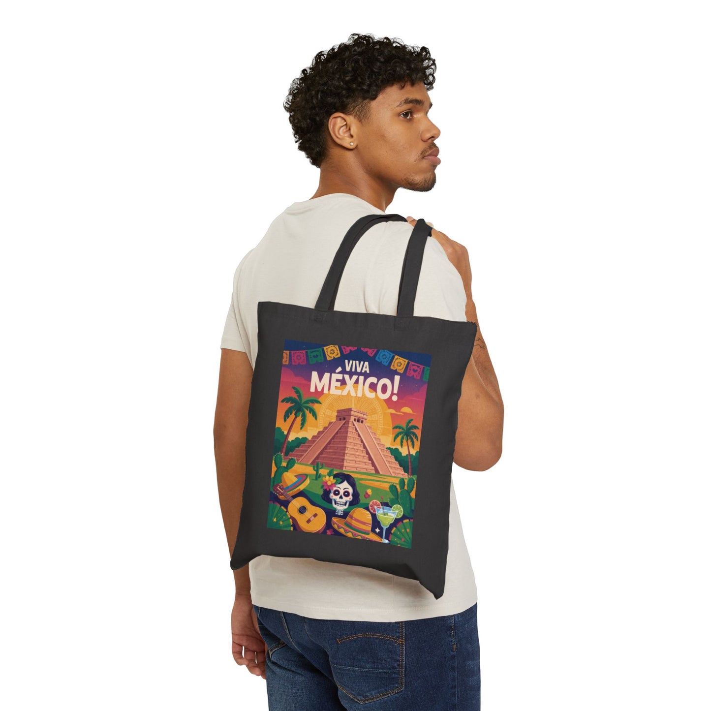 Viva Mexico Cotton Canvas Tote Bag, Eco-Friendly Grocery Bag, Bohemian Beach Bag, Travel Tote, Day of the Dead Gift