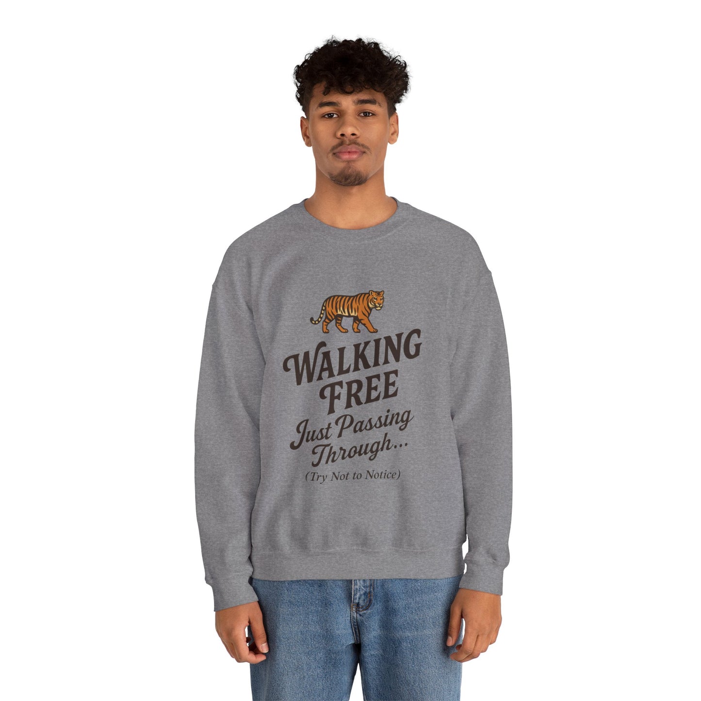 Funny Tiger Mens Crewneck Sweatshirt - Walking Free Cozy Wild Animal Pullover - Motivational Sweatshirt, Inspirational Apparel