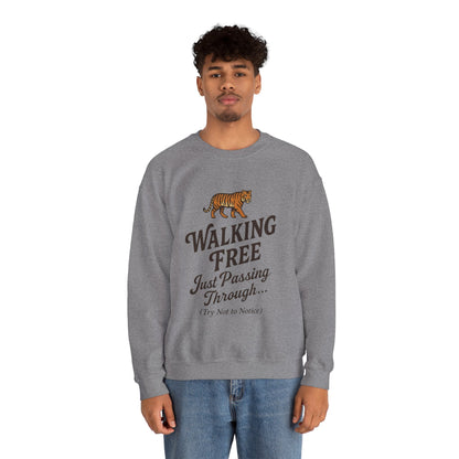 Funny Tiger Mens Crewneck Sweatshirt - Walking Free Cozy Wild Animal Pullover - Motivational Sweatshirt, Inspirational Apparel
