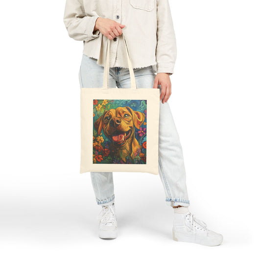 Colorful Dog Art Cotton Canvas Tote Bag, Eco-Friendly Shopping Bag, Pet Lover Gift, Flower Design, Reusable Grocery Tote, Animal Lover