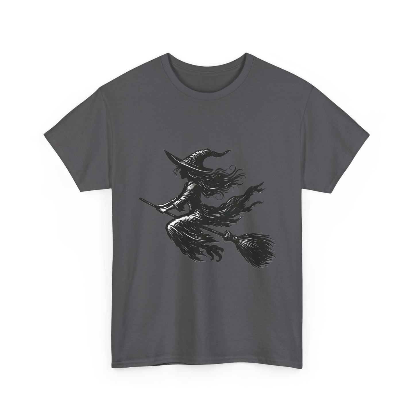 Flying Witch Silhouette Halloween T-Shirt for Women, Vintage Witch on Broom Tee, Spooky Gothic Fall Shirt, Minimal Black Witch Top