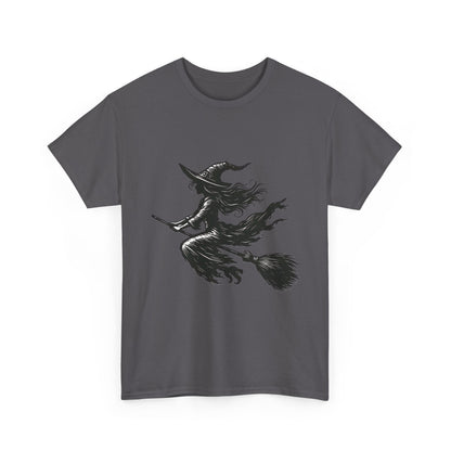 Flying Witch Silhouette Halloween T-Shirt for Women, Vintage Witch on Broom Tee, Spooky Gothic Fall Shirt, Minimal Black Witch Top