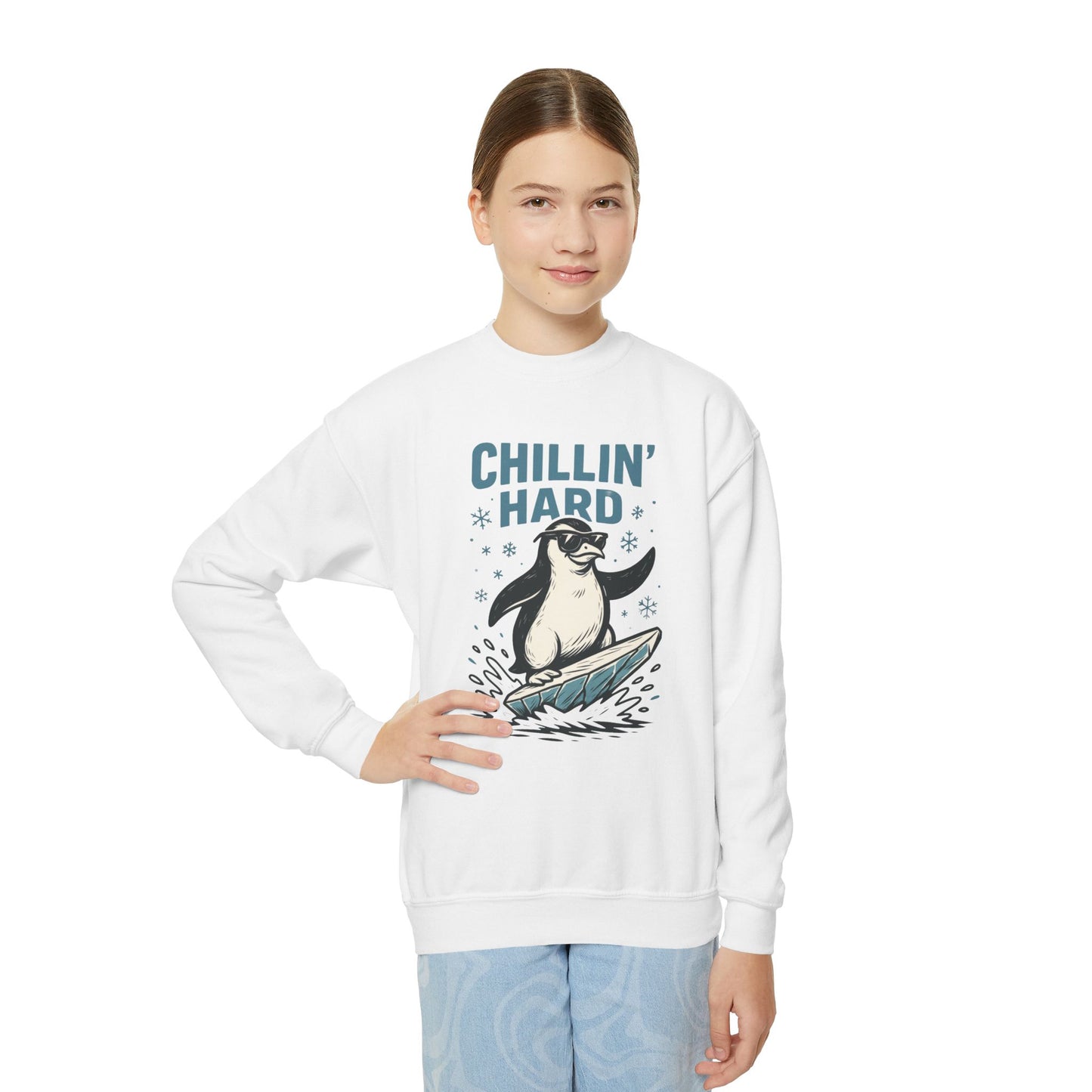 Youth Crewneck Sweatshirt, Kids Chillin Hard Penguin Sweatshirt, Funny Cool Animal Pullover for Children