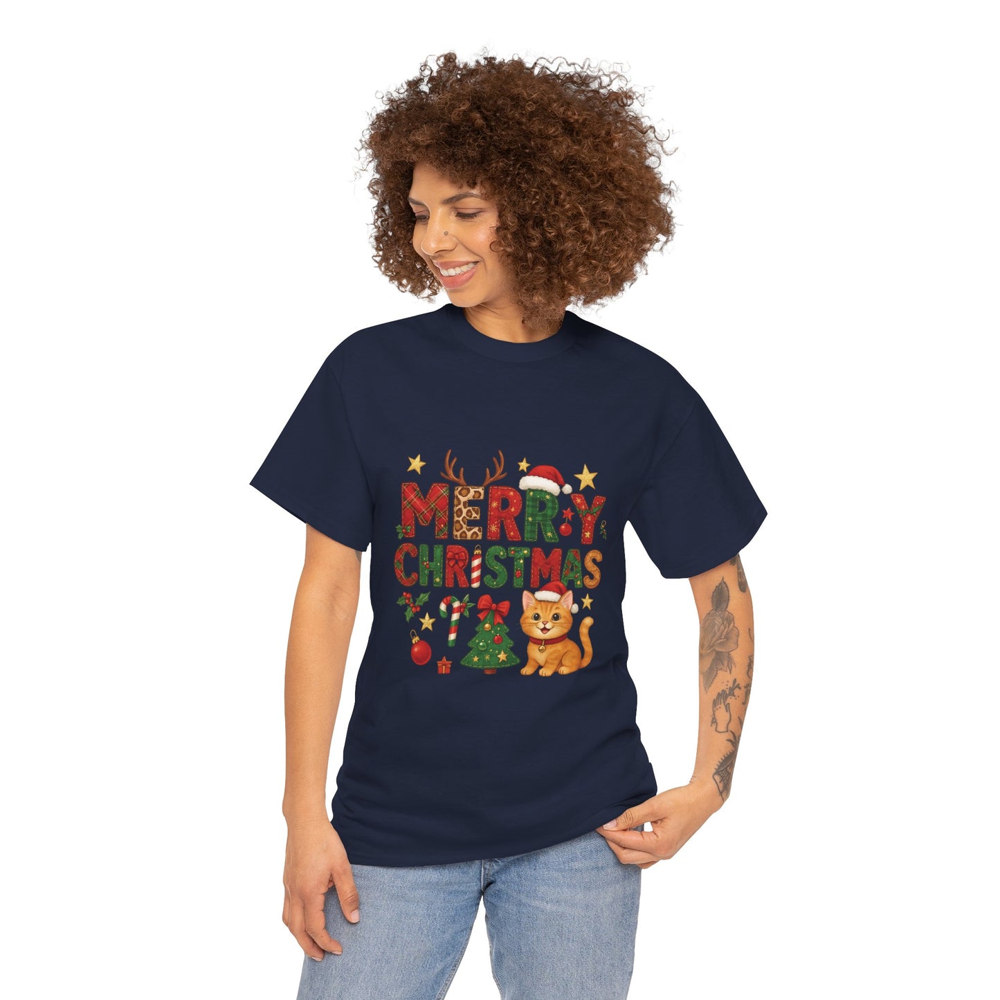Merry Christmas Cat Shirt, Cute Holiday Cat Lovers Tee for Women