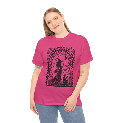 Gothic Witch & Cat Women's T-Shirt, Elegant Halloween Moon Silhouette Witchy Graphic Tee