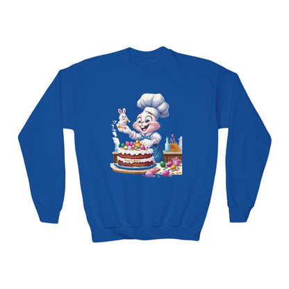 Hoppy Baker Easter Bunny Youth Sweatshirt - Cute Spring Crewneck for Kids with Chef Bunny and Cake, Fun Holiday Gift for Easter Lovers