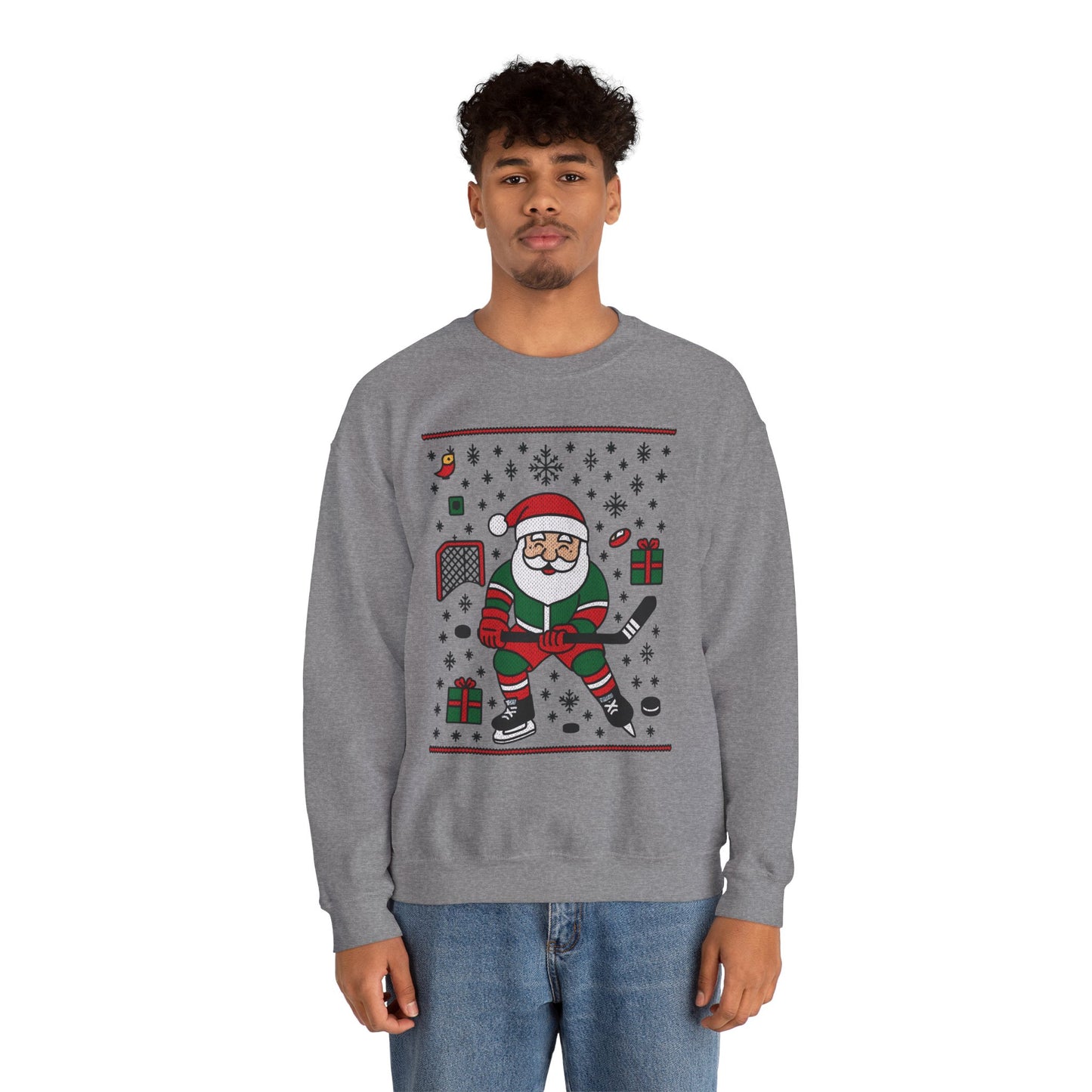Hockey Santa Men's Christmas Sweatshirt, Funny Sports Holiday Jumper
