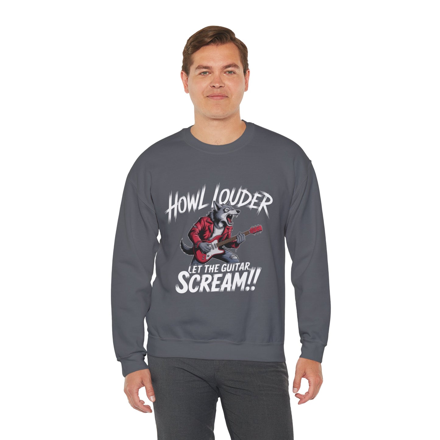 Howl Louder Wolf Sweatshirt, Let The Guitar Scream Pullover, Rock Guitar Animal Hoodie, Rocking Wolf Crewneck Sweatshirt, Music Lover Gift