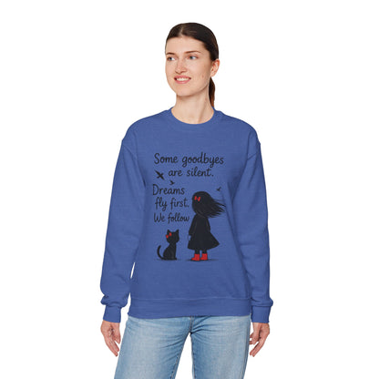 Cozy Farewell Girl & Cat Pullover, Hand Drawn Red Dress Art, Minimalist Womens Crewneck