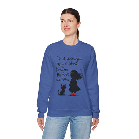 Cozy Farewell Girl & Cat Pullover, Hand Drawn Red Dress Art, Minimalist Womens Crewneck