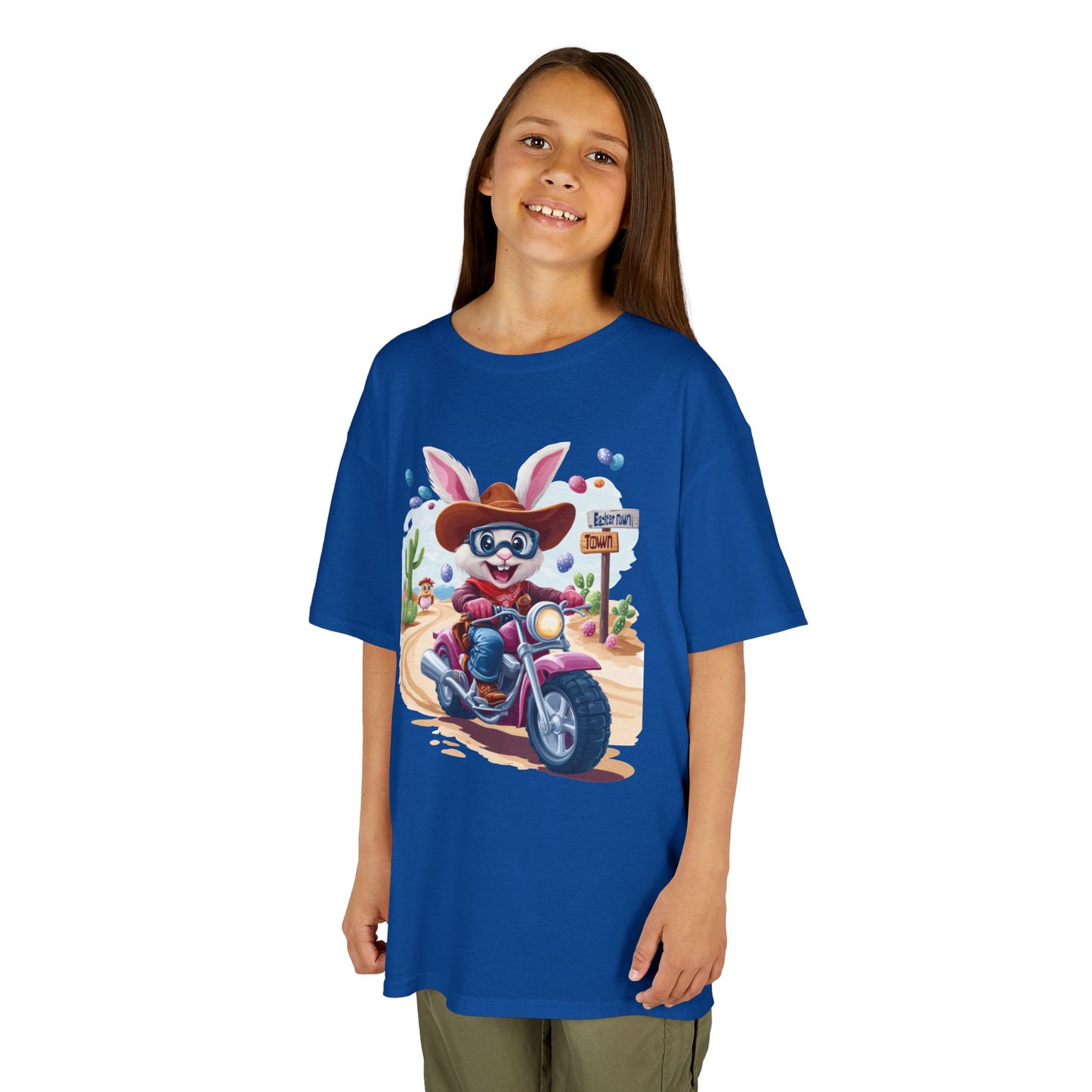 Biker Bunny Kids Tee - Fun Easter Shirt for Boys & Girls, Cute Spring Outfit with Motorcycle Rabbit Heavy Cotton Toddler T-Shirt Bunny Rider