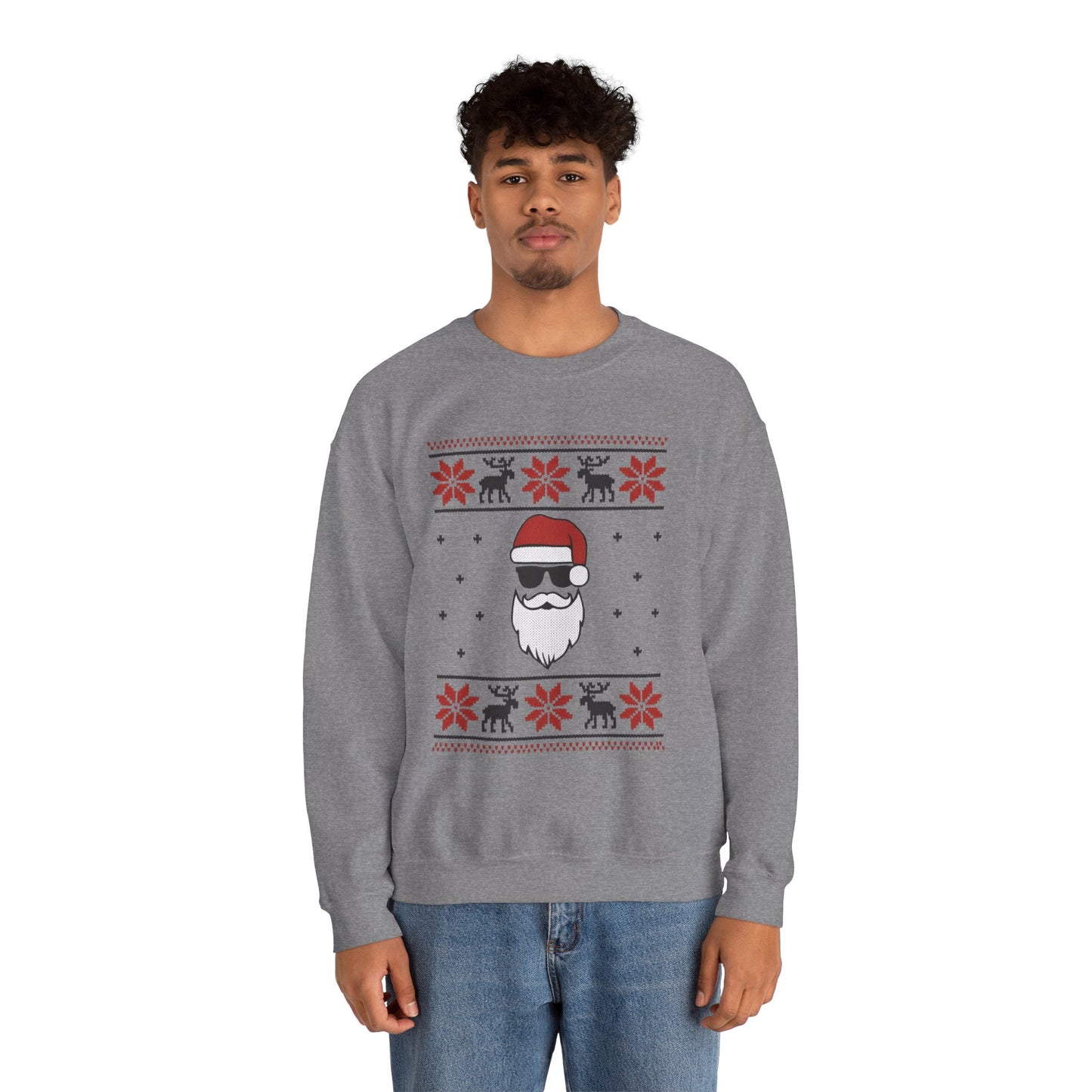 Cool Santa Men's Sweatshirt, Funny Knit Look Pullover, Retro Christmas Sweater Style