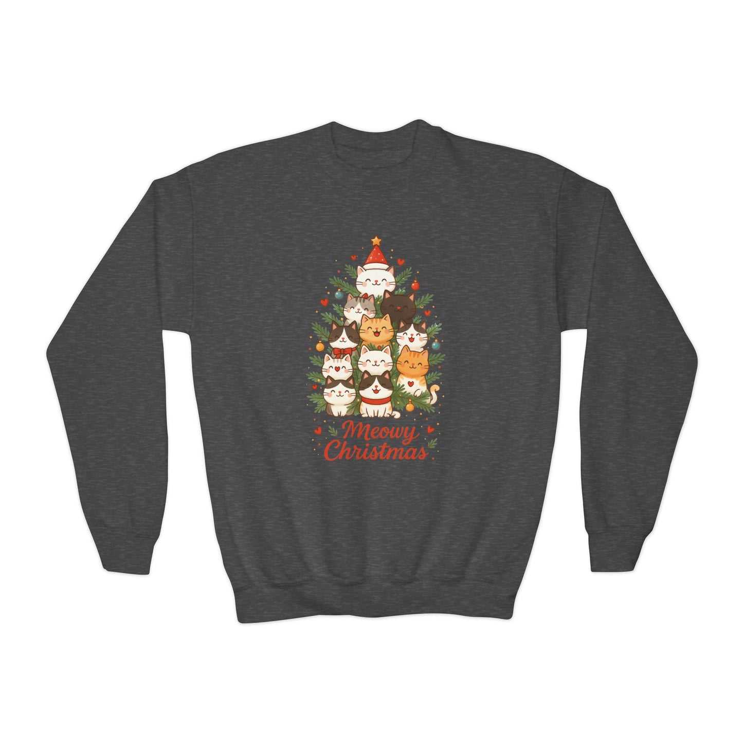 Youth Meowy Christmas Cat Sweatshirt, Cute Holiday Kitty Jumper