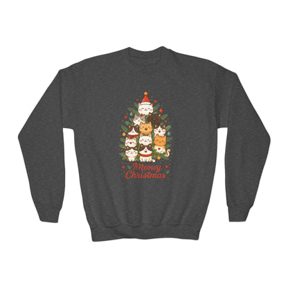 Youth Meowy Christmas Cat Sweatshirt, Cute Holiday Kitty Jumper