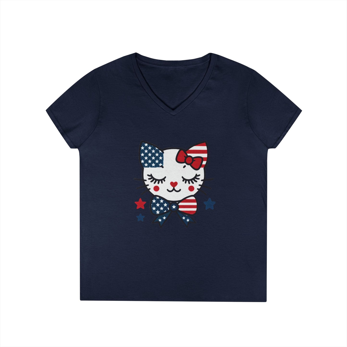Patriotic Cat Ladies' V-Neck T-Shirt, Cute Tee, July 4th Top, Independence Day Shirt, Gift for Cat Lovers, Casual Summer Wear