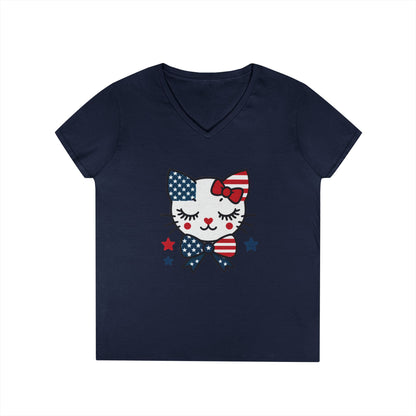 Patriotic Cat Ladies' V-Neck T-Shirt, Cute Tee, July 4th Top, Independence Day Shirt, Gift for Cat Lovers, Casual Summer Wear