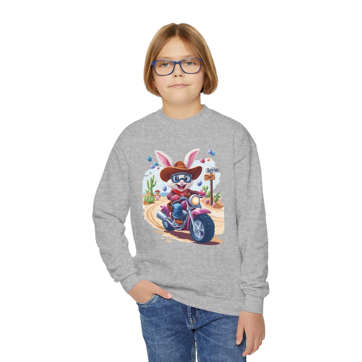 Biker Bunny Youth Sweatshirt - Fun Easter Bunny Riding Motorcycle, Cute Spring Gift for Kids, Playful Holiday Crewneck for Boys & Girls