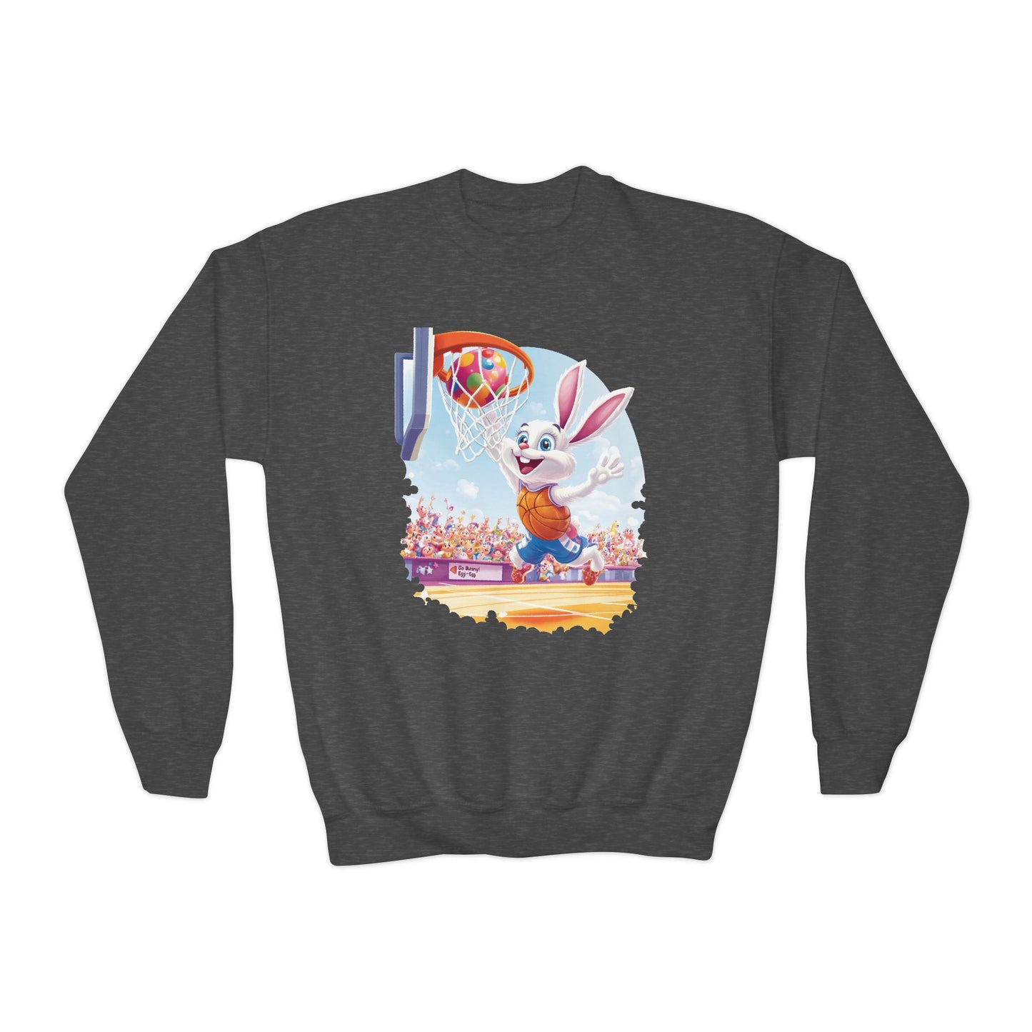 Easter Basketball Bunny Youth Sweatshirt - Cute Bunny Dunking Egg Ball, Fun Spring Sports Pullover for Kids, Easter Gift Idea, Fun Gym Wear