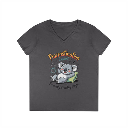 Procrastination Expert Ladies' V-Neck T-Shirt, Fun Tee for Lazy Days, Gift for Students, Casual Wear, Motivational Shirt, Cute Koala Design