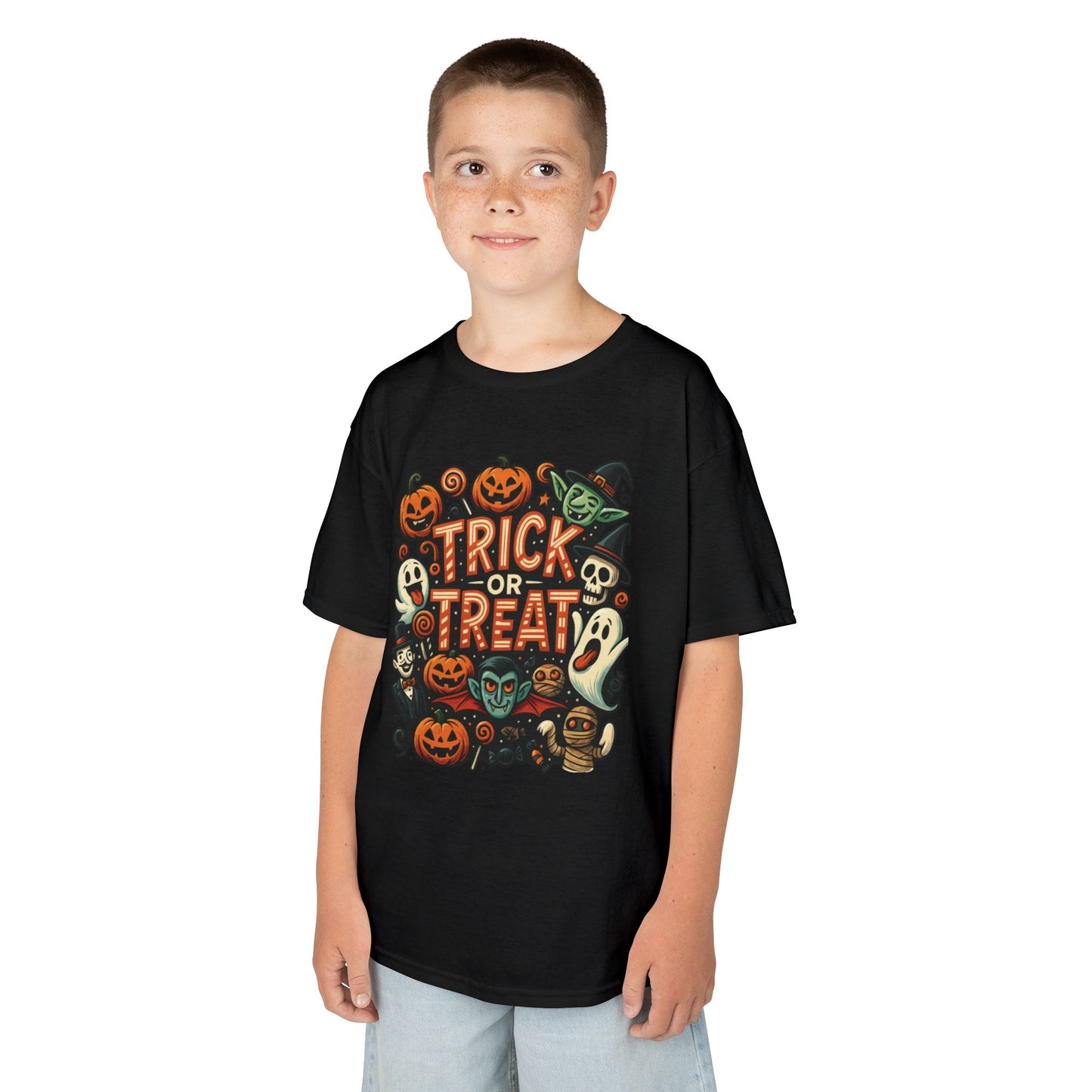 Kids Trick or Treat T-Shirt, Halloween Graphic Tee with Pumpkins, Ghosts & Vampires, Fun Spooky Shirt for Children